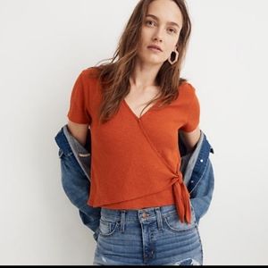 Madewell Orange Texture Thread Wrap-Tie Top Crepe Faux Ballet Wrap Crop‎ Shirt S